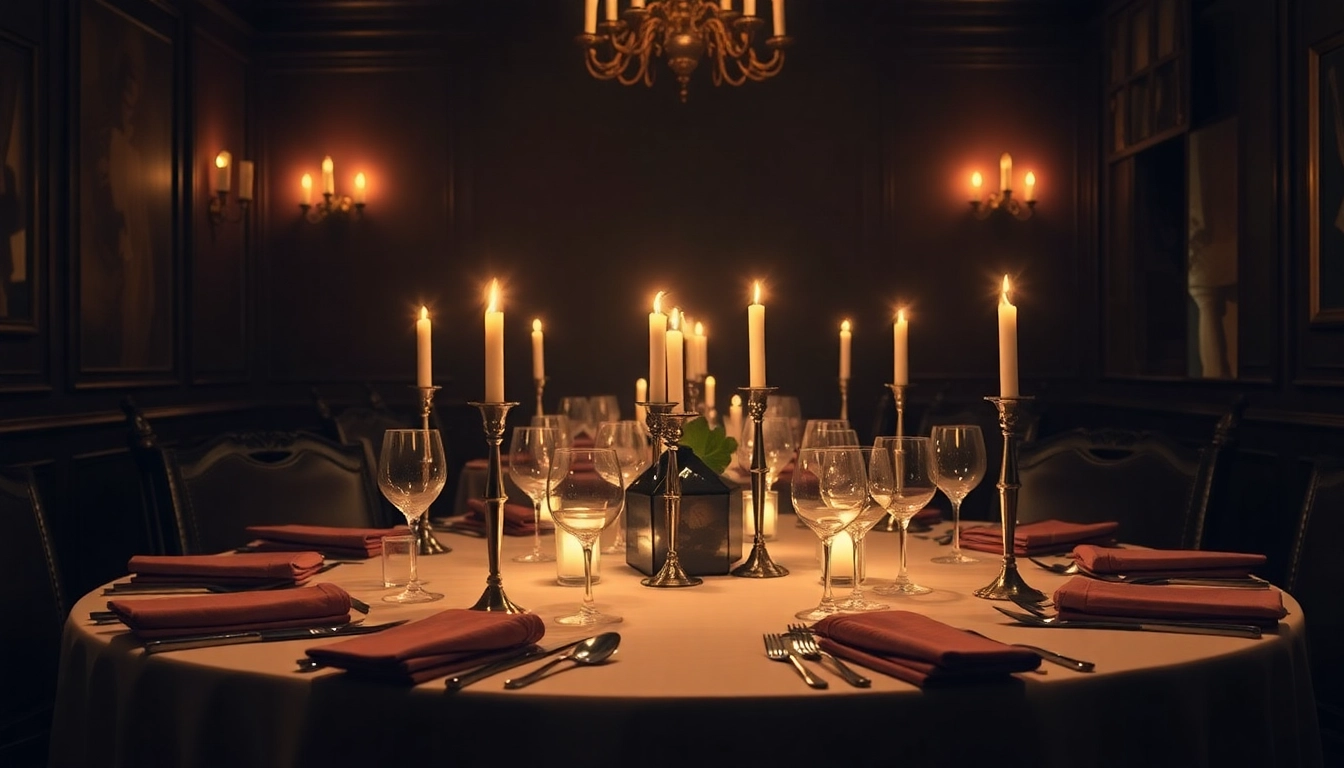 Experience an exciting krimidinner berlin with a beautifully set table and atmospheric lighting ideal for mystery lovers.