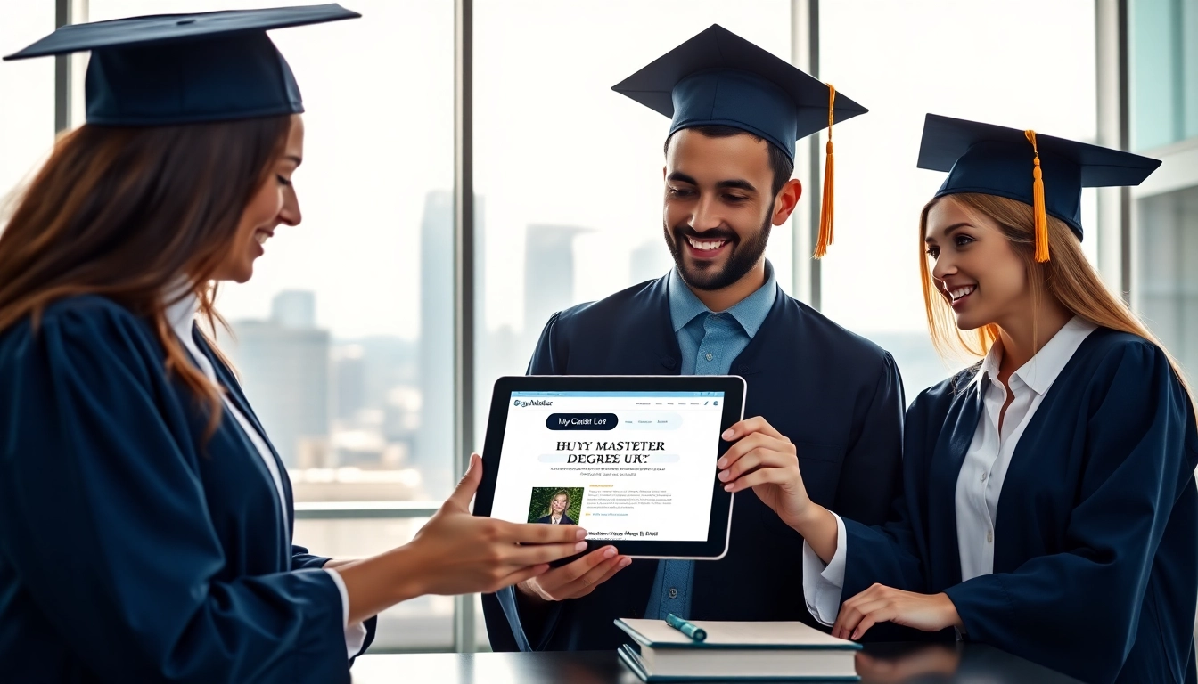 Buy master degree UK with professionals celebrating their achievements in a modern office setting.