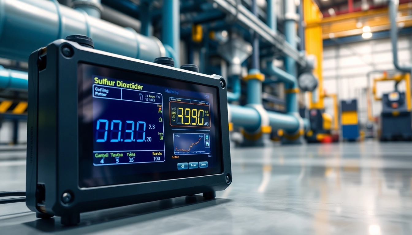 Monitor displaying sulfur dioxide levels in an industrial setting, emphasizing safety and technology.