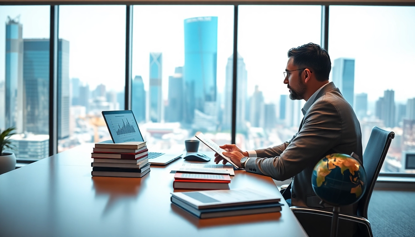 Economist analyzing export tariffs in a bright, modern office with global trade elements.