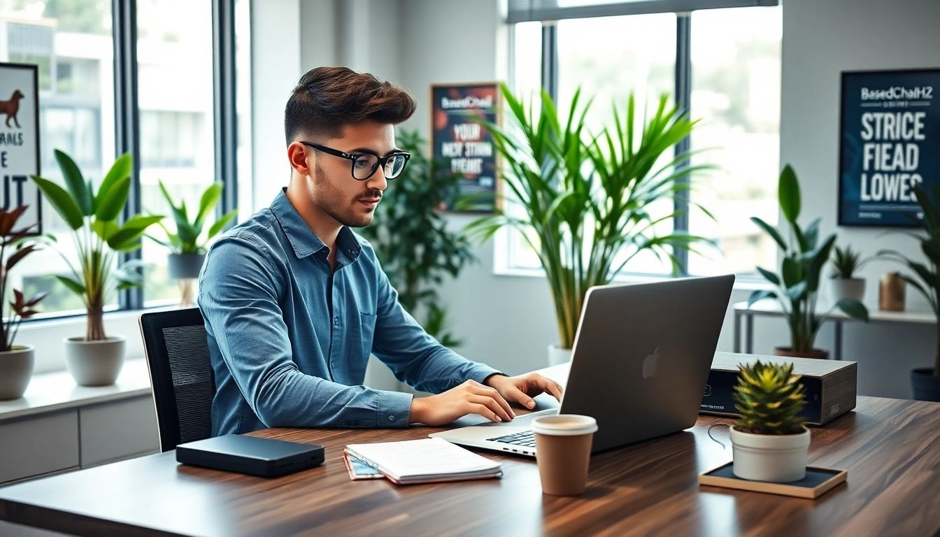 Aspiring entrepreneur engaging with the BasedChadHQ official site in a vibrant office setting.