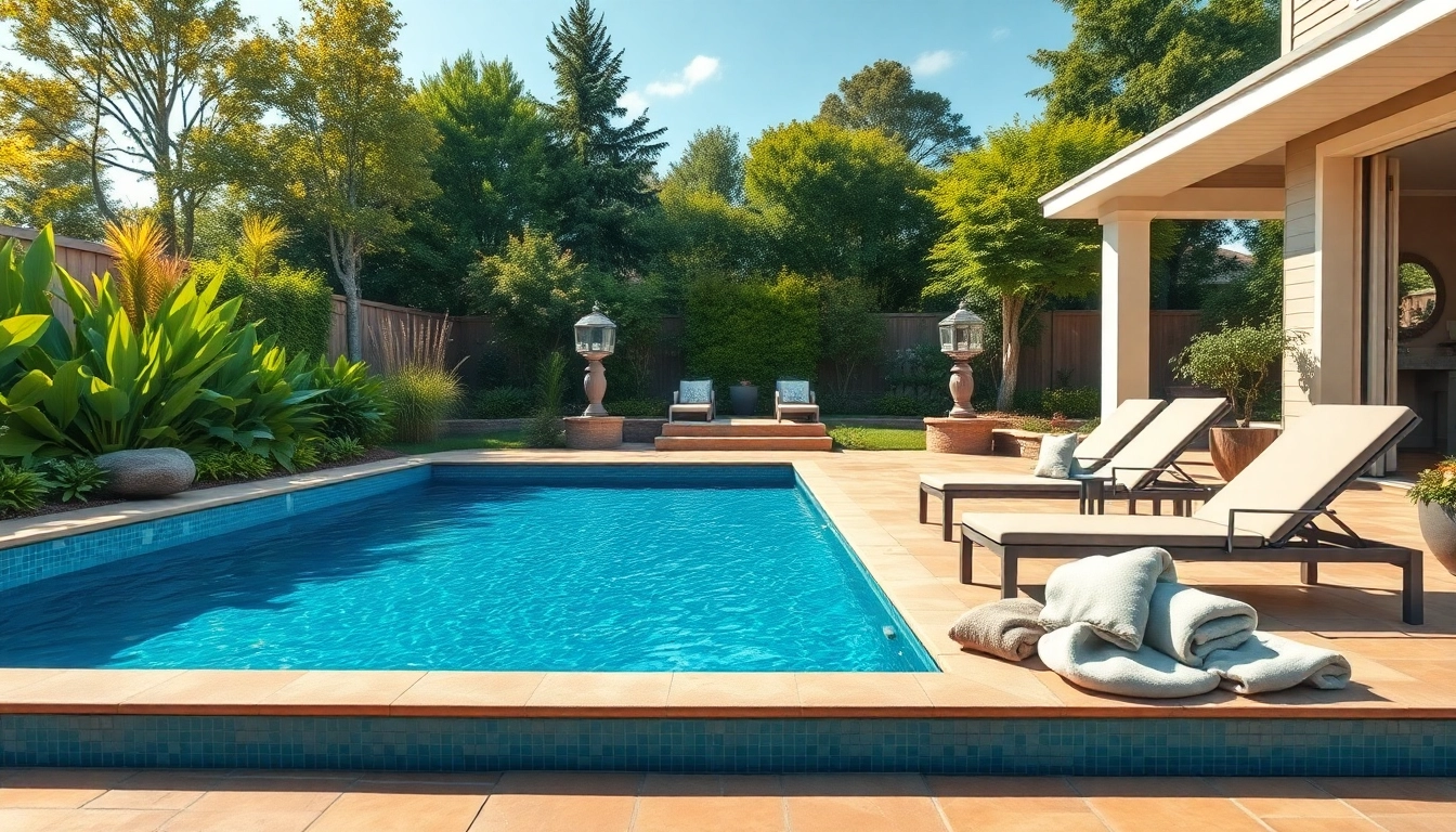 Build your own pool in a serene backyard oasis featuring vibrant landscaping and inviting lounge chairs.