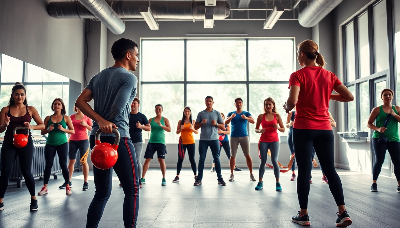 Engaged participants in gym group training session led by professional trainers.