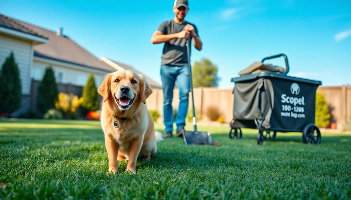 Weekly dog poop scooping service in action with a friendly technician and a golden retriever.