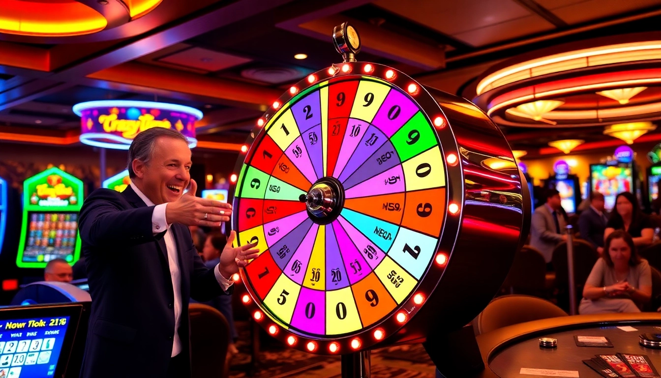 Crazy Time risultati: players celebrating around a vibrant game wheel in a thrilling casino environment.