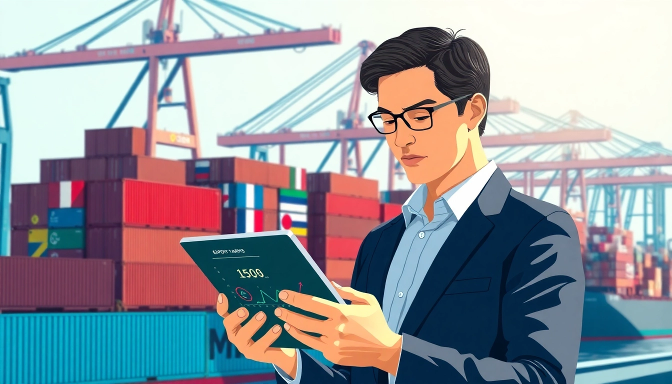 Analyze export tariffs in a global trade environment with cargo ships and data analysis tools.