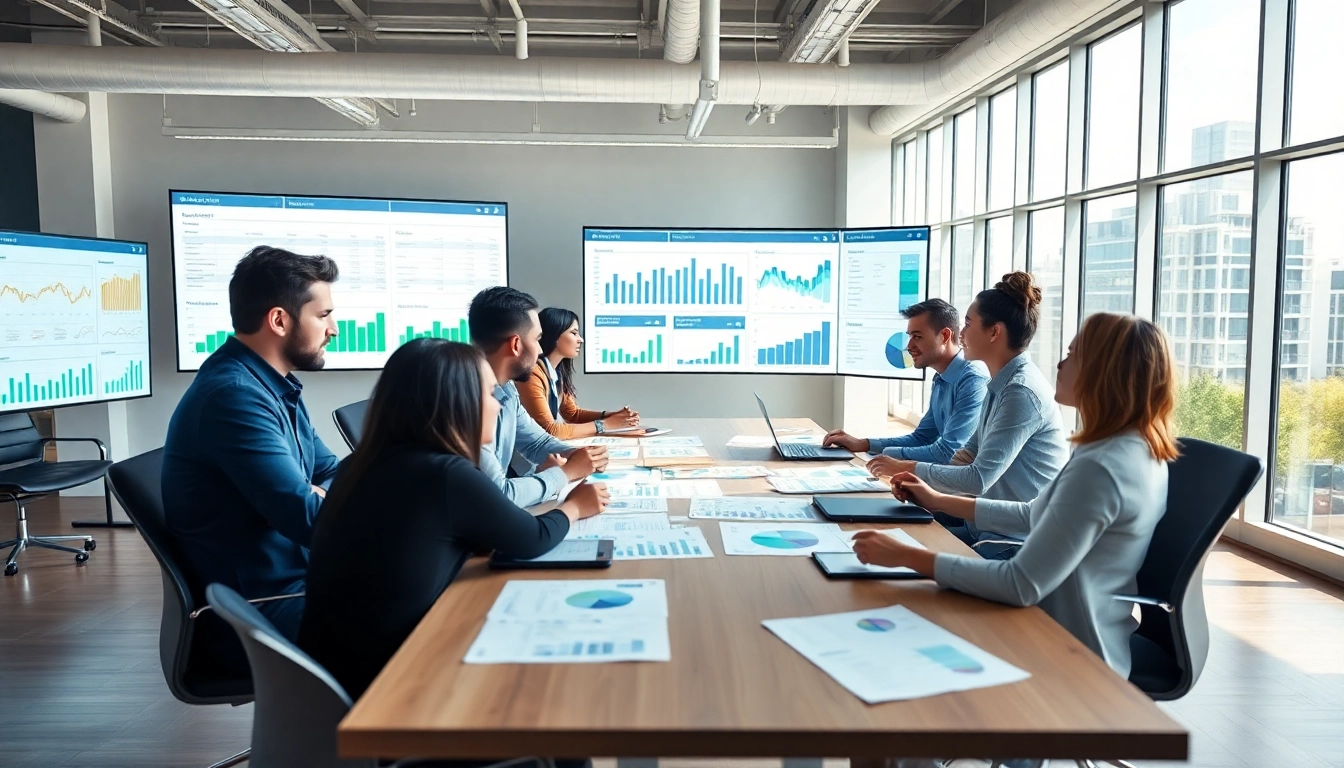 Engaged team performing competitor pricing research with charts and data visualizations in a bright workspace.