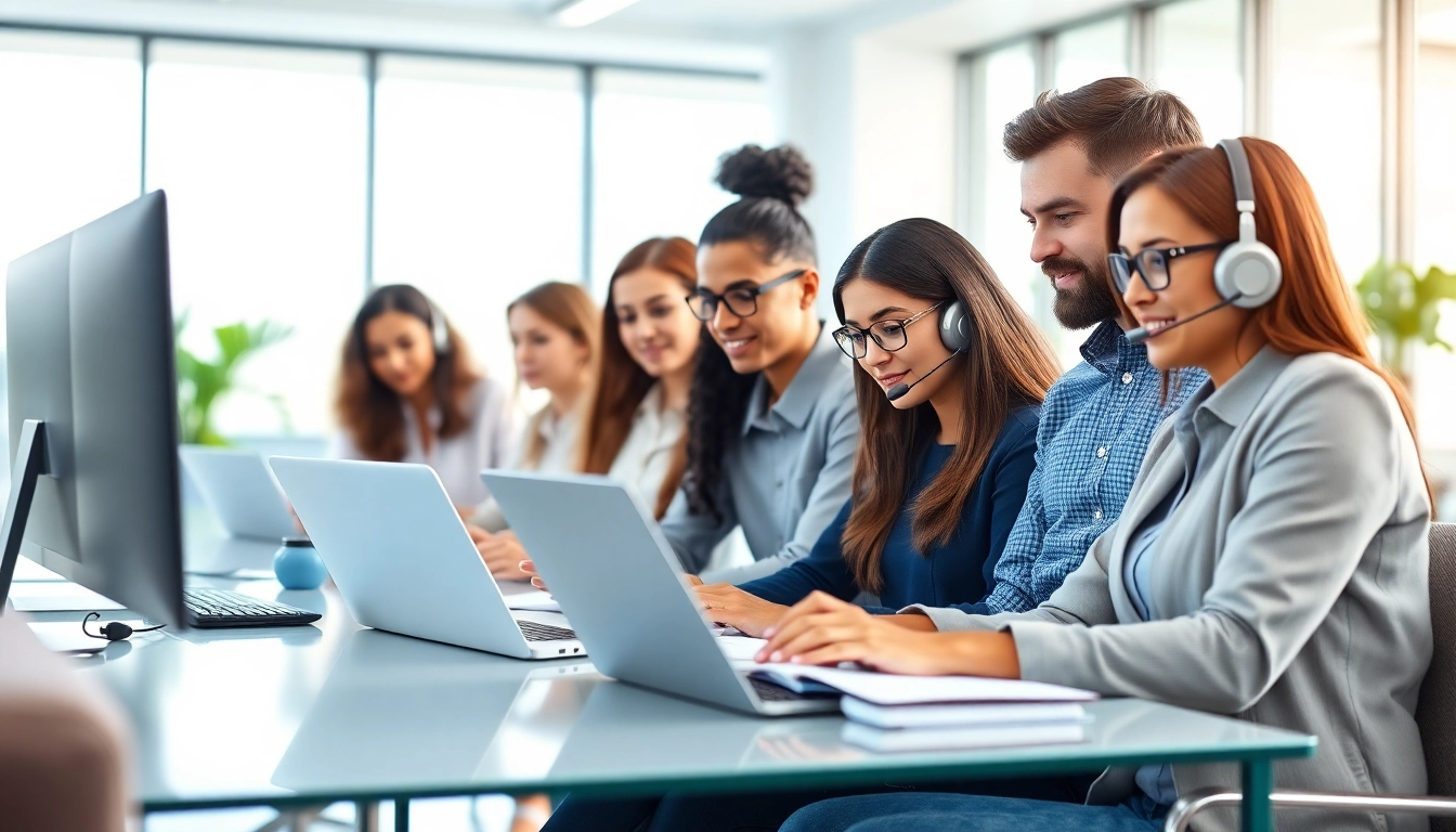 Engaged team of professionals at a call center in Tijuana collaborating in a modern office setting.