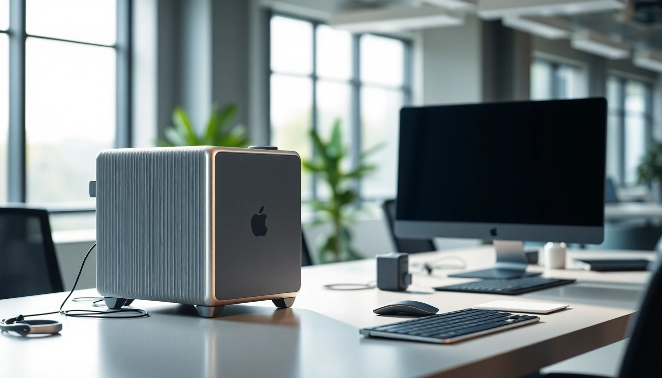 Buy Mac Pro displayed in a modern office setup with sleek peripherals.