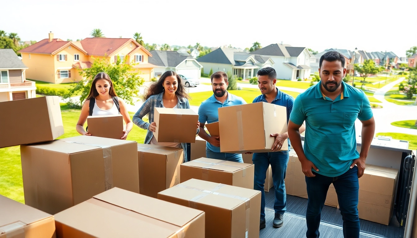 House moves demonstrated by professional movers packing items into a truck in a sunny neighborhood.