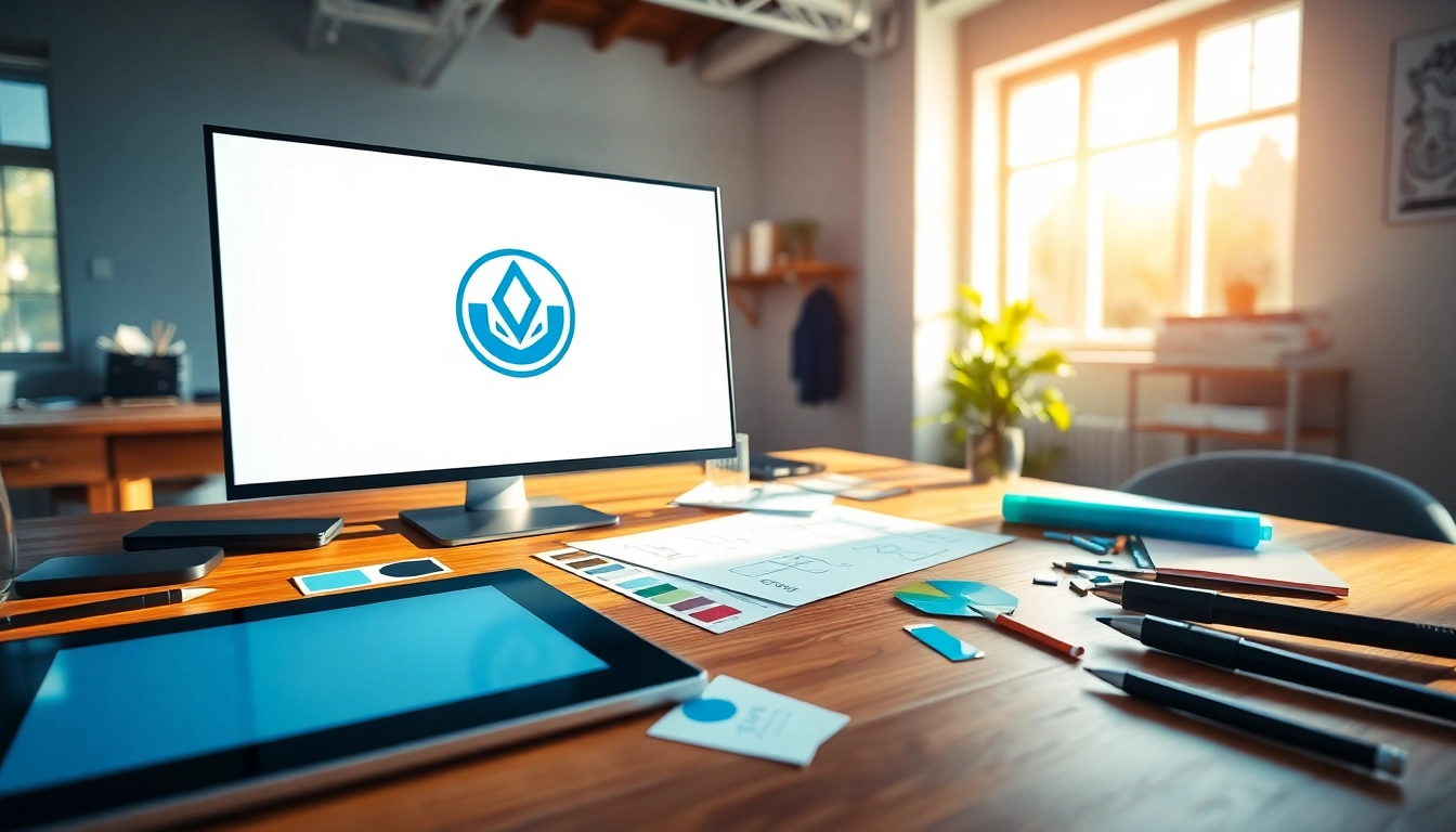 Showcasing a trademark logo on a digital screen in a vibrant graphic design workspace.