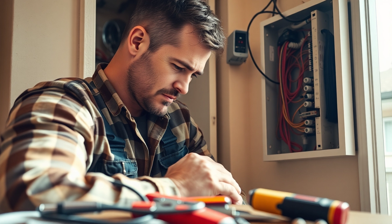 Providing expert Electrical Service, a skilled electrician repairs residential wiring.