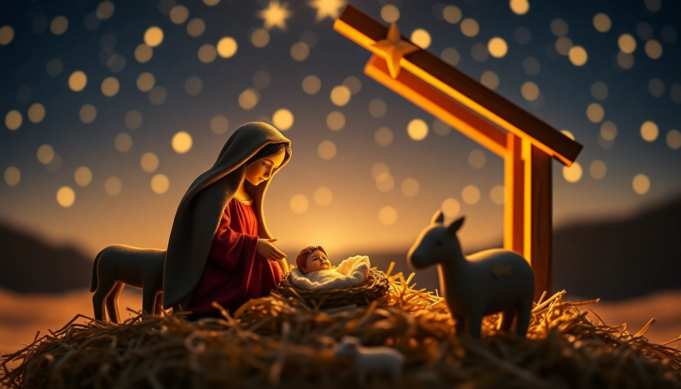 Beautifully crafted Nativity sets with the Holy Family, showcasing intricate details and warm lighting.