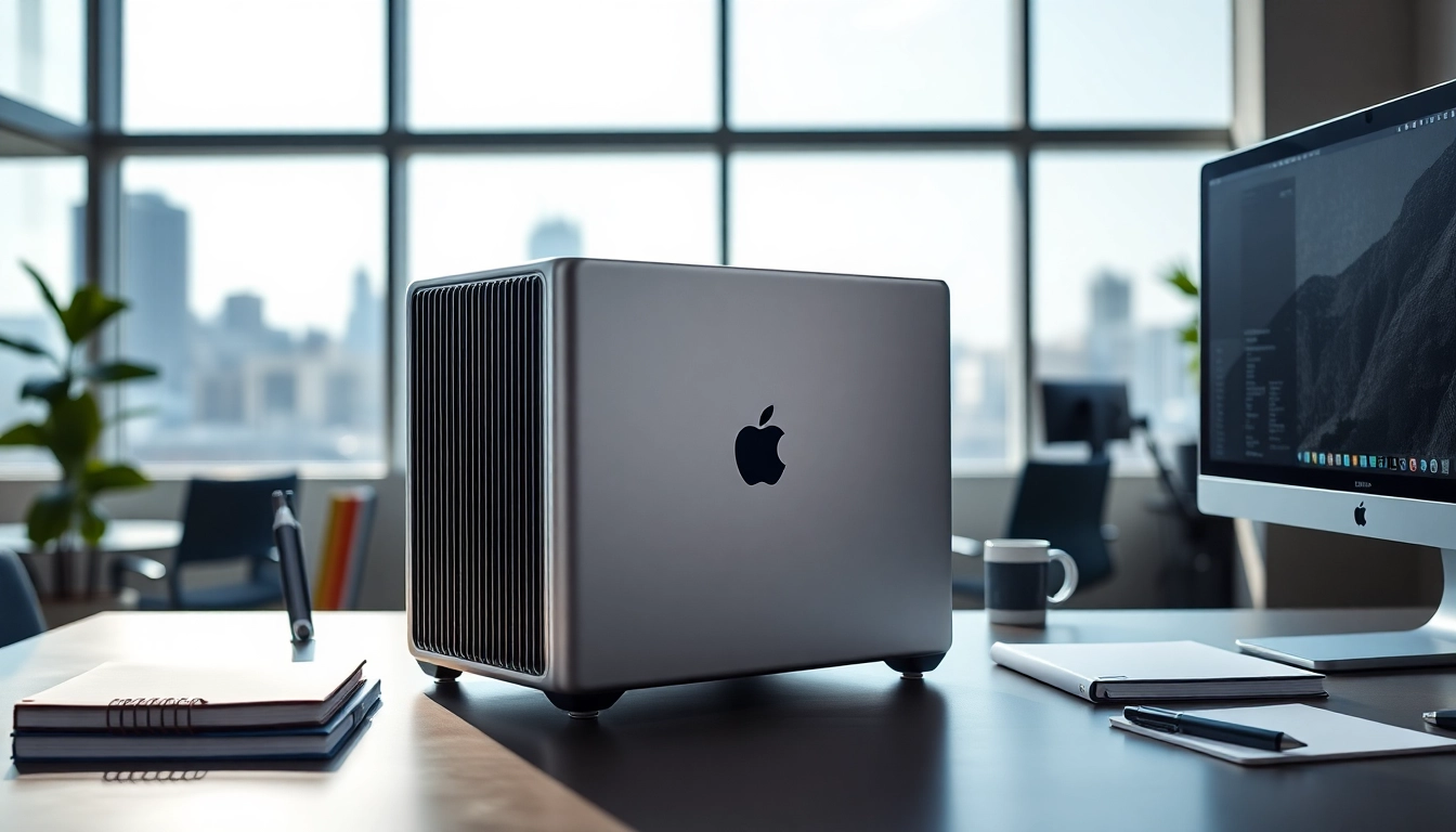 Buy Mac Pro in a modern workspace showcasing its sleek design and professional setup.