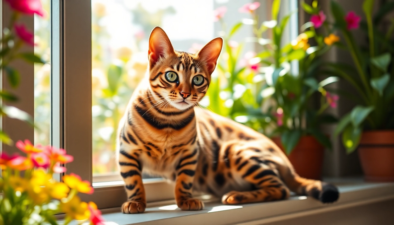 View of a Bengal cat in a serene garden, representing Bengal Breeders Orange County.