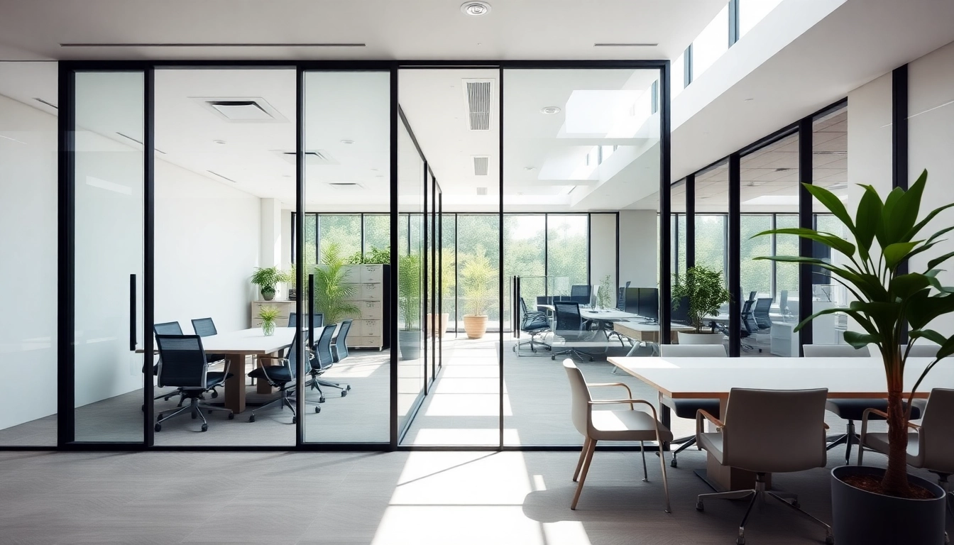 Showcasing movable glass partitions in a modern office setting, emphasizing transparency and openness.