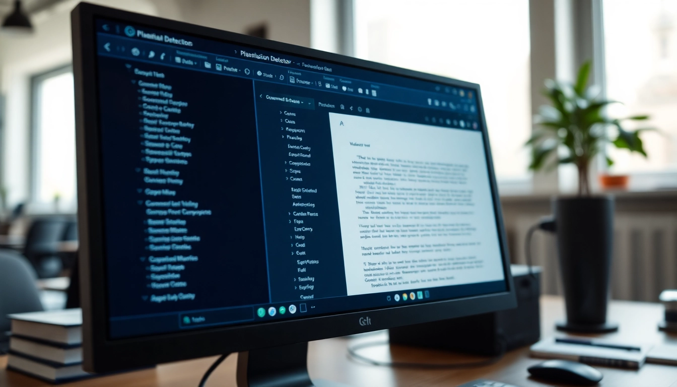 Check documents with a plagiarism detector tool on a computer in a bright office setting.