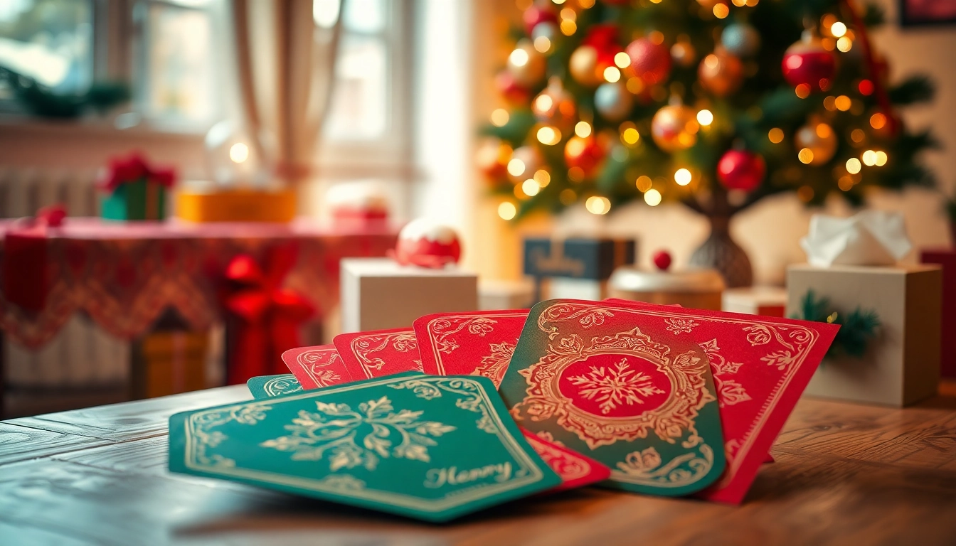 Explore unique Christmas cards near me displayed on a festive table setting.