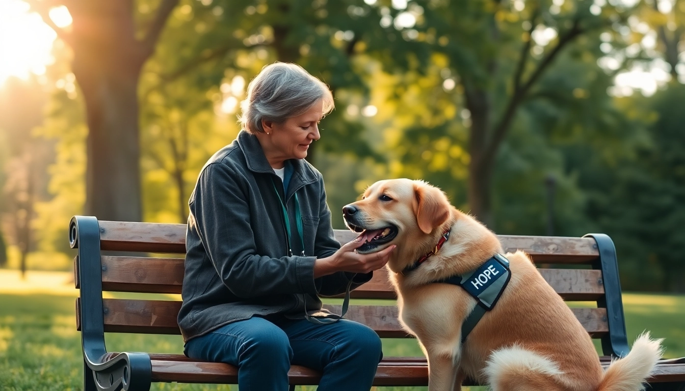 Person with psychiatric service dogs enjoying a moment of companionship in a peaceful setting.