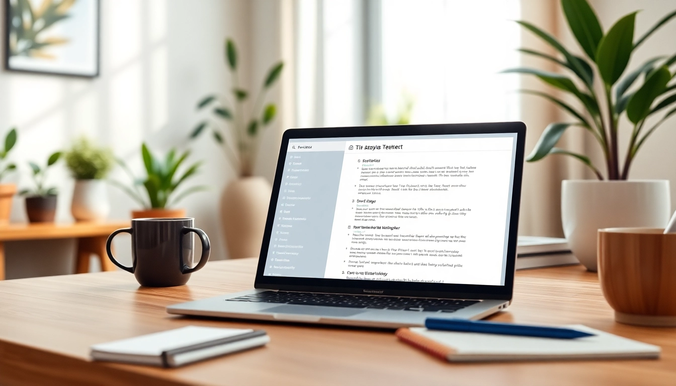 Analyze text with an ai checker on a laptop in a modern home office.