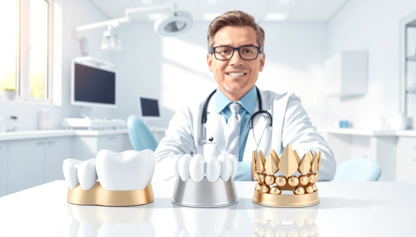 Engaging dentist presenting dental crowns options to patients for improved oral health.