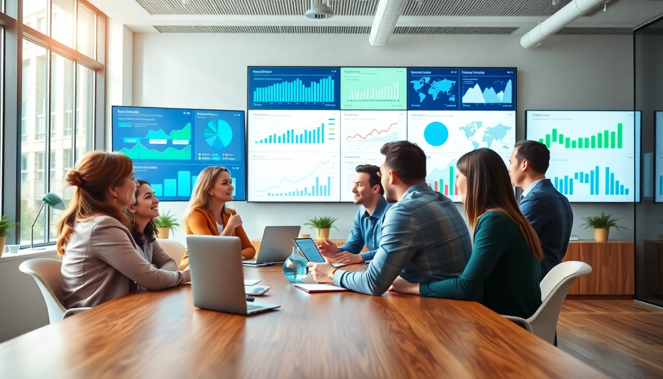 Team discussing competitive intelligence strategies with charts and data visuals in a bright office.