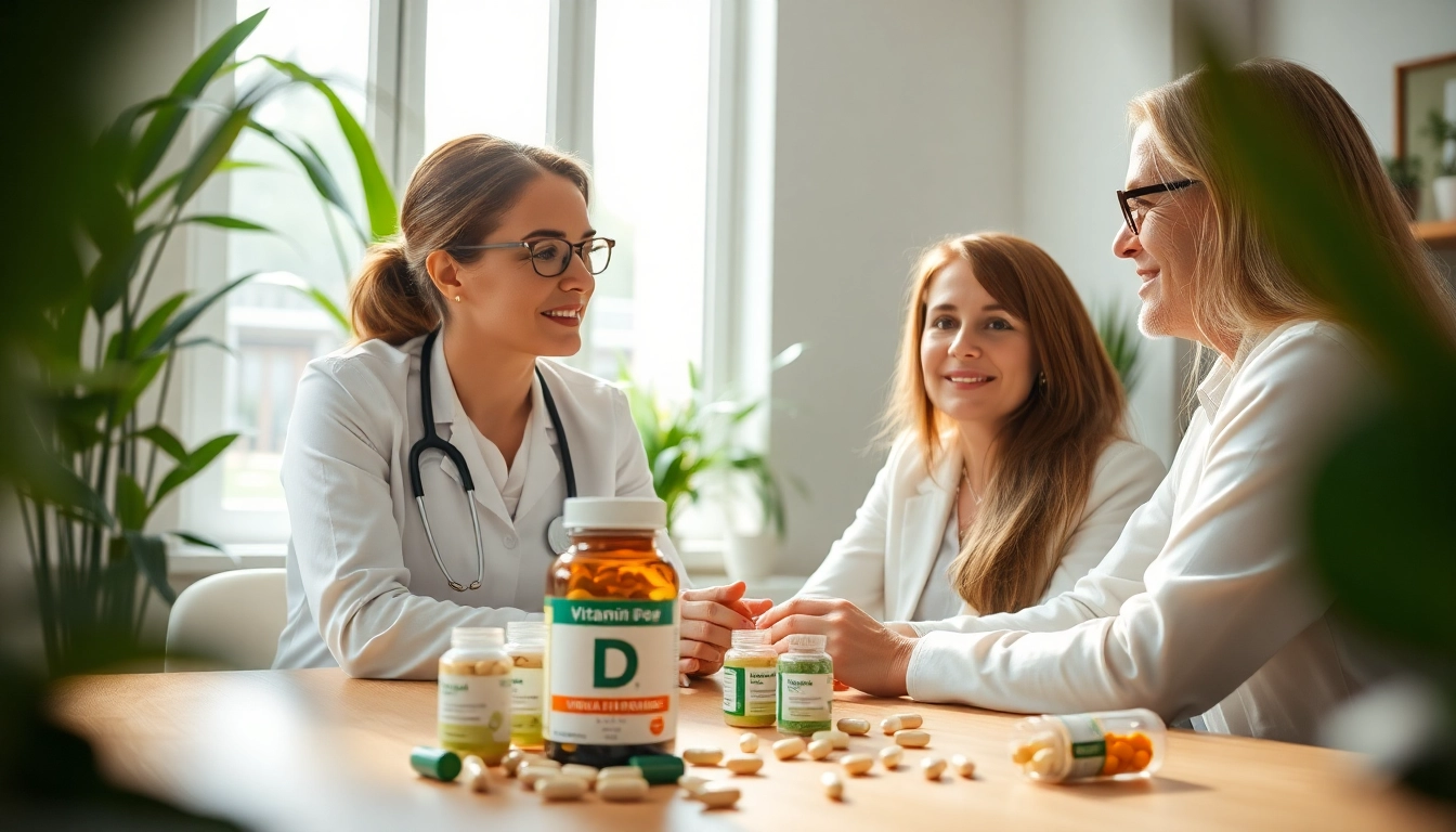 Nutritionist explaining vitamin D benefits to a patient in a health-focused setting.
