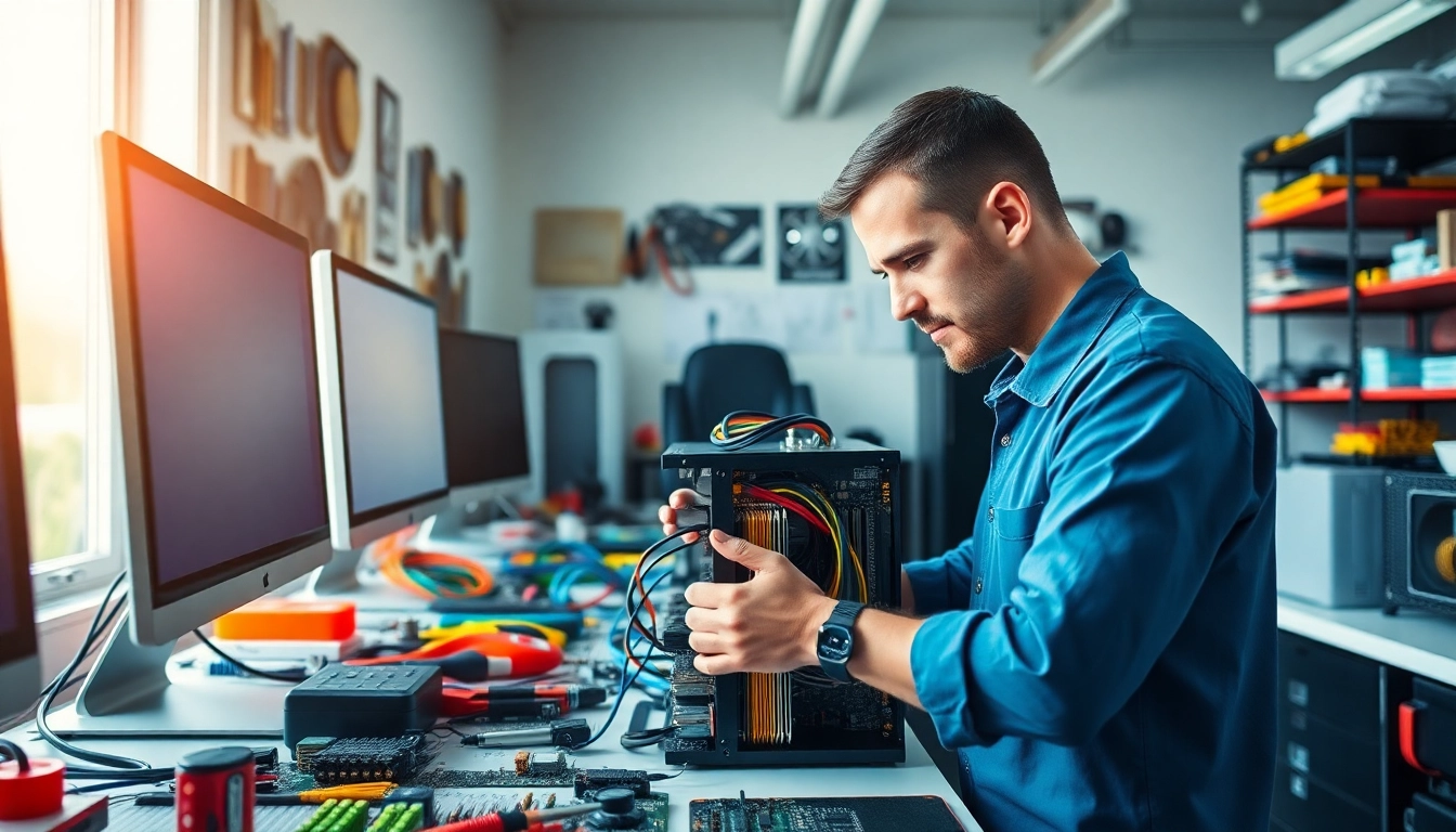 Computer repair technician working on a computer assembly in a bright workshop.