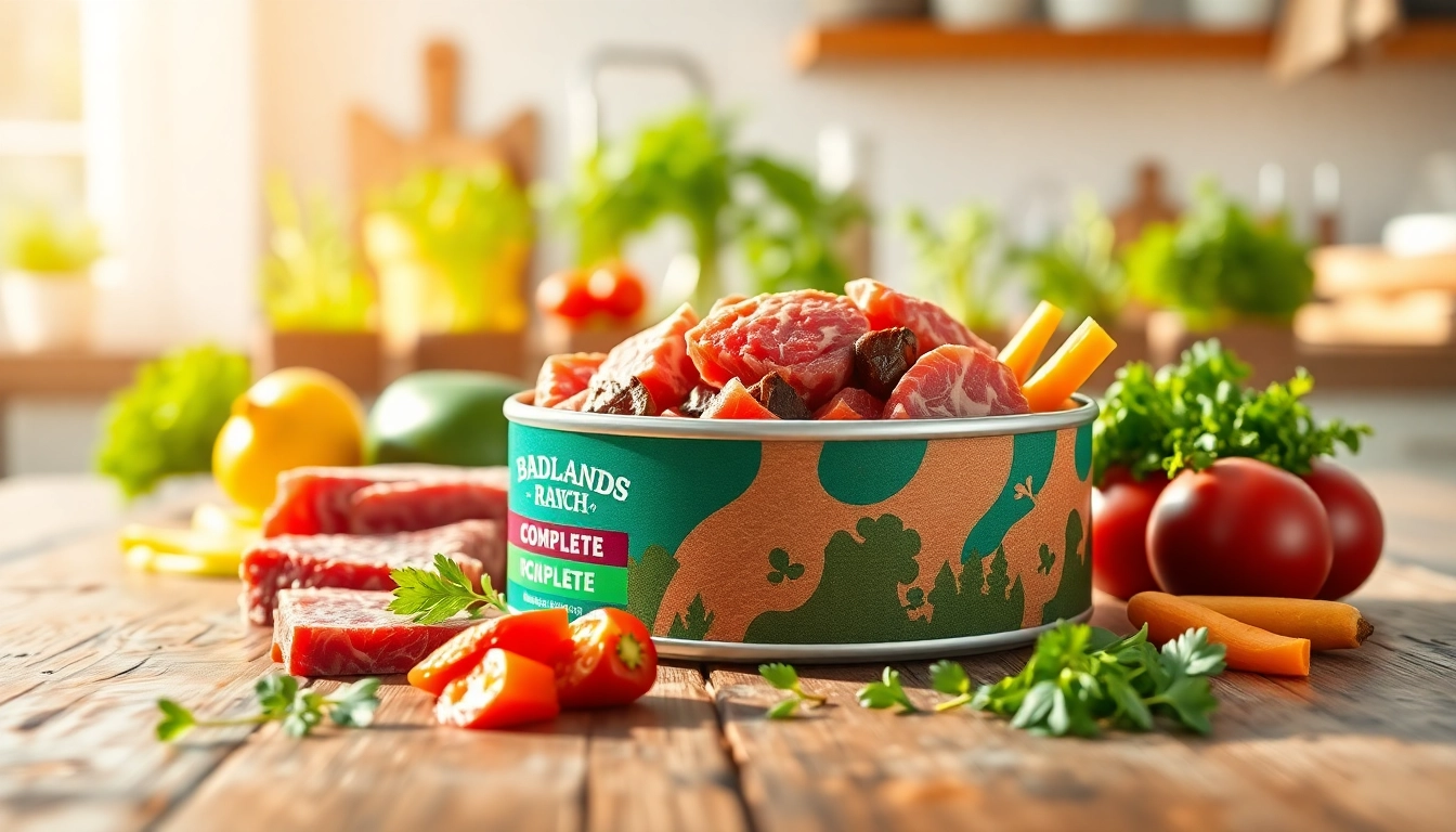 Showcasing badlands ranch superfood complete in a healthy dog bowl with fresh ingredients.