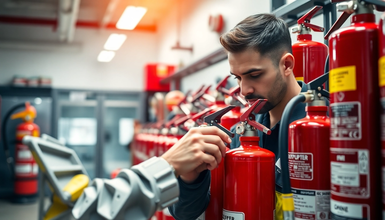 Engaged technician performing fire extinguisher servicing Lichfield to ensure safety compliance.