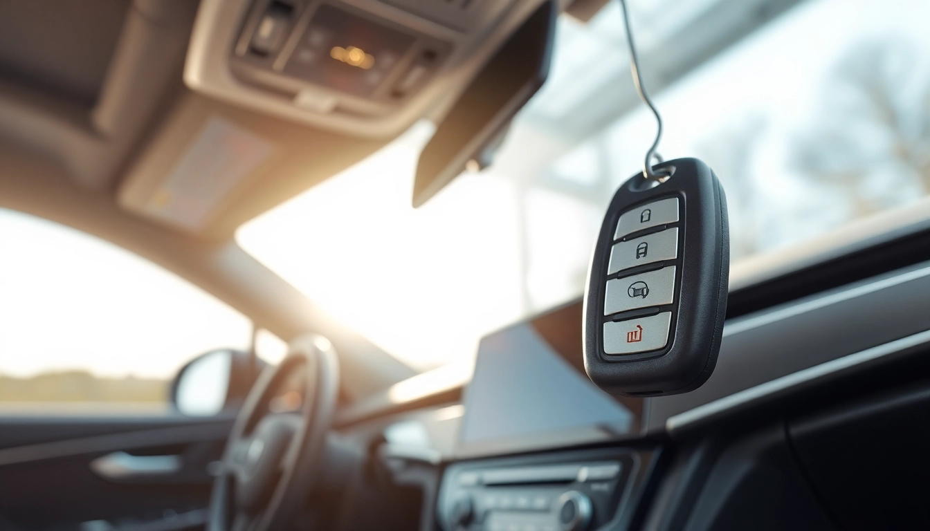 Unlock your car with Keyless Carkeys, showcasing a modern key fob in a luxurious car interior.