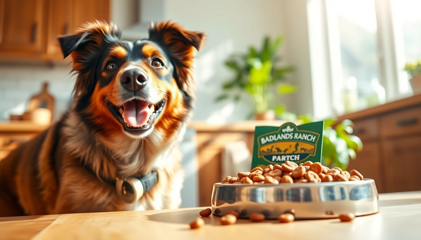 Dog enjoying badlands ranch dog food in a bright kitchen, showcasing health and joy.