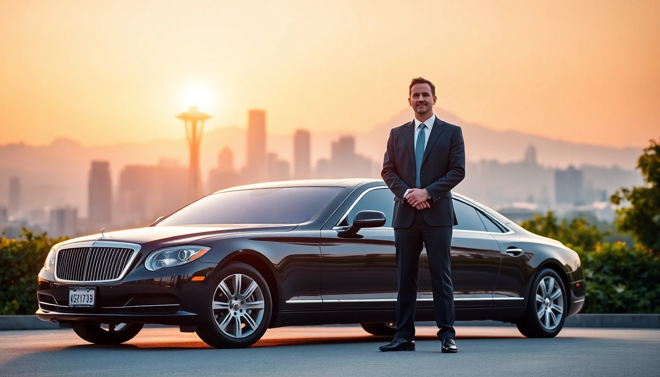 Experience premium Vancouver to Seattle Limo Service with a luxurious vehicle against the Seattle skyline.