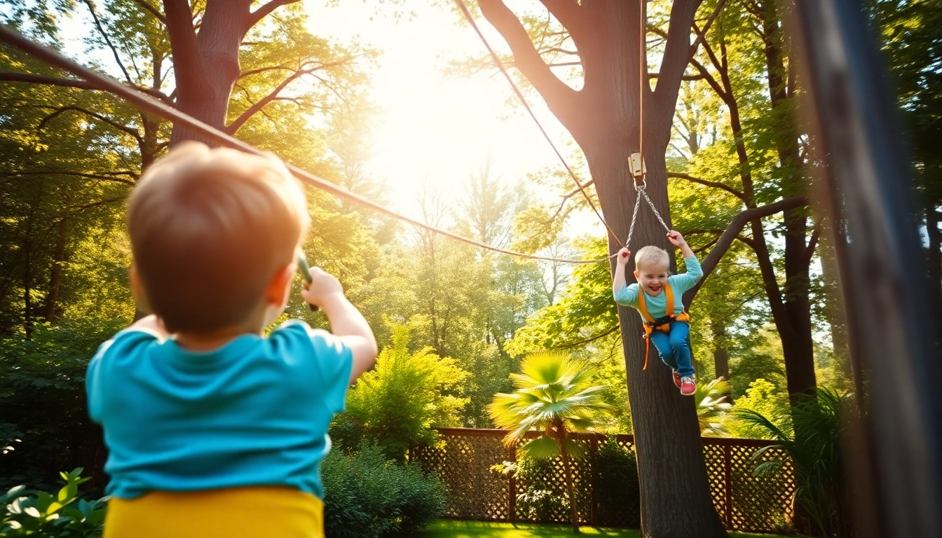 Excited child playing on ZIP WIRE KITS in a vibrant backyard setting.