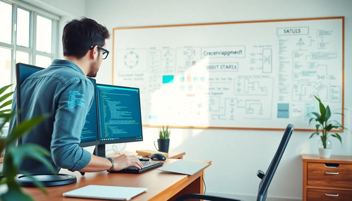 Developers collaborating on web development projects in a vibrant workspace
