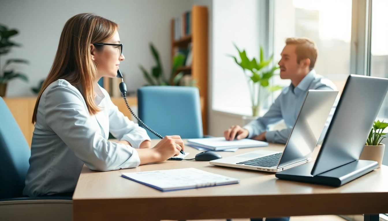 Engaging telephone data collection scene with a researcher and respondent in a professional setting.