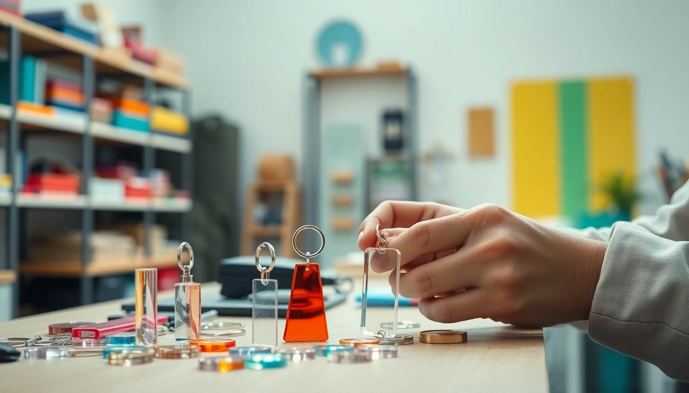 Creative acrylic keychain maker designing custom keychains in a vibrant workspace.
