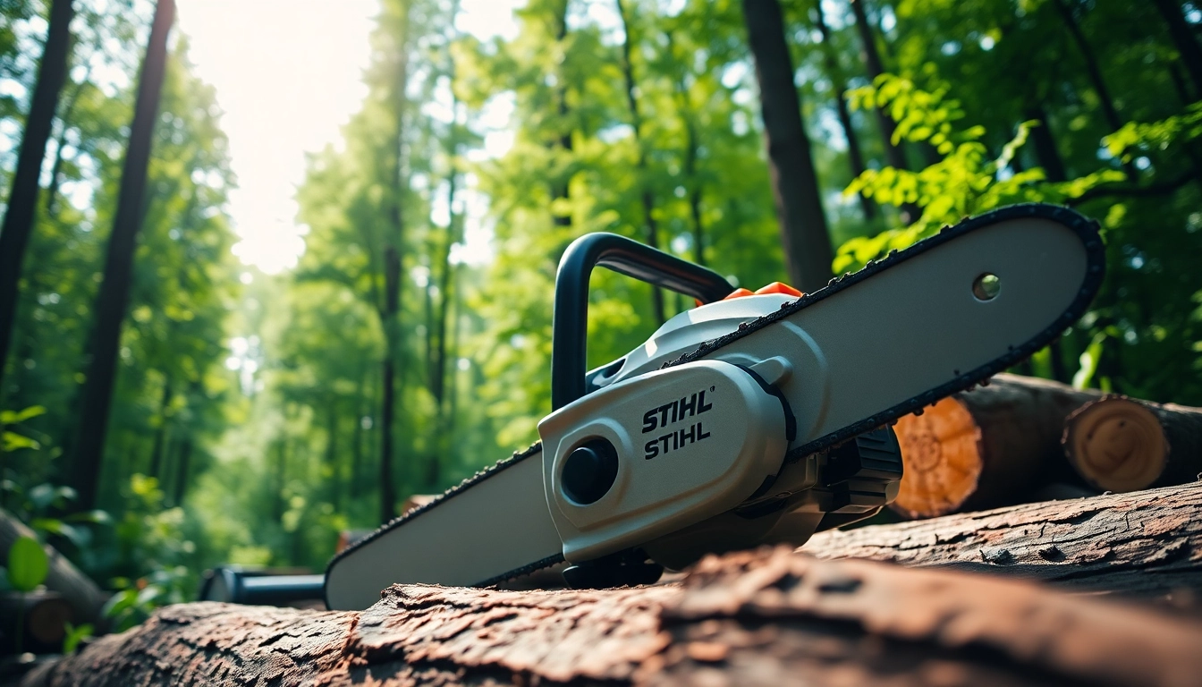 Stihl Kettensäge in einem Wald, perfekt für Gartenarbeiten und Outdoor-Projekte.