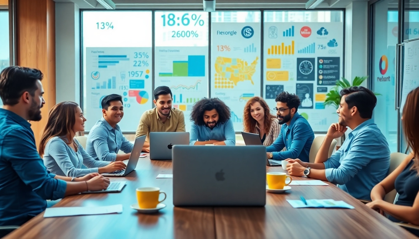 Engaged team members in a vibrant social media agency workspace collaborating on campaigns.