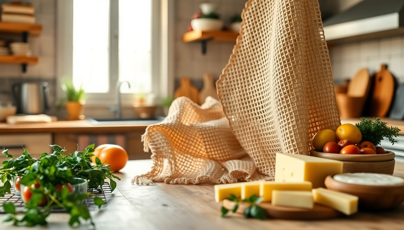 Kaasdoek met verse ingrediënten op een rustieke tafel tonen.