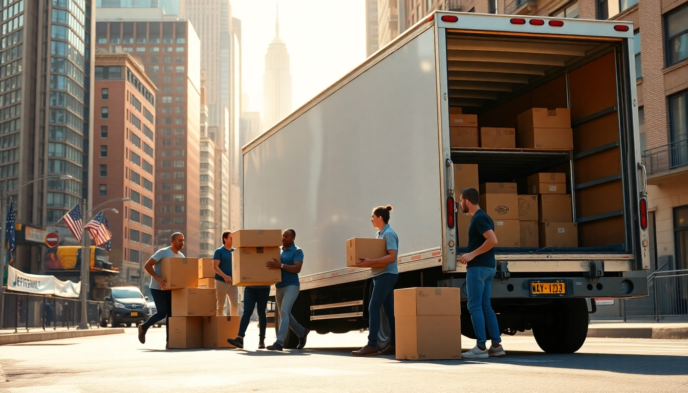 Moving company nyc team efficiently loading a truck in urban NYC with boxes and a bright skyline.
