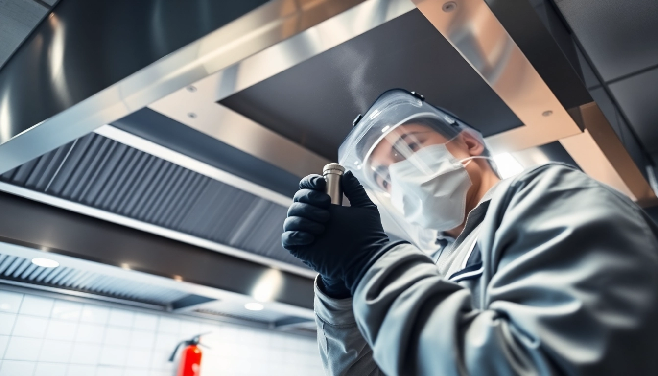 Technician performing a thorough fire suppression service inspection in a commercial kitchen environment.