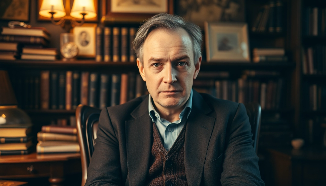 James Broadbent reflecting thoughtfully in a vintage study, surrounded by books.