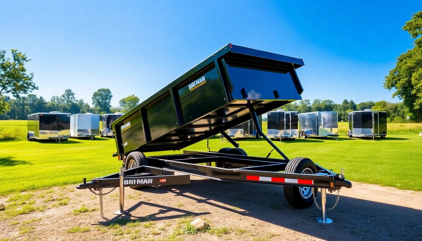 Bri-mar trailers for sale near me displayed in a lush outdoor setting, showcasing various models.