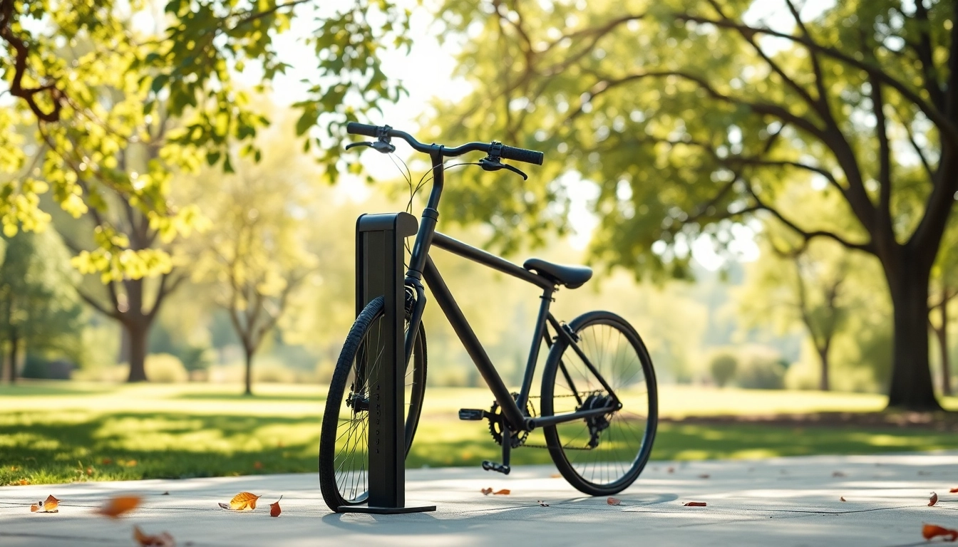 Park a bicycle on a stylish minimalist bike rack with sleek design in natural surroundings.