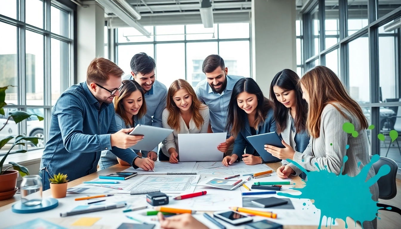 Teamwork among Calgary graphic design company professionals in a vibrant office.