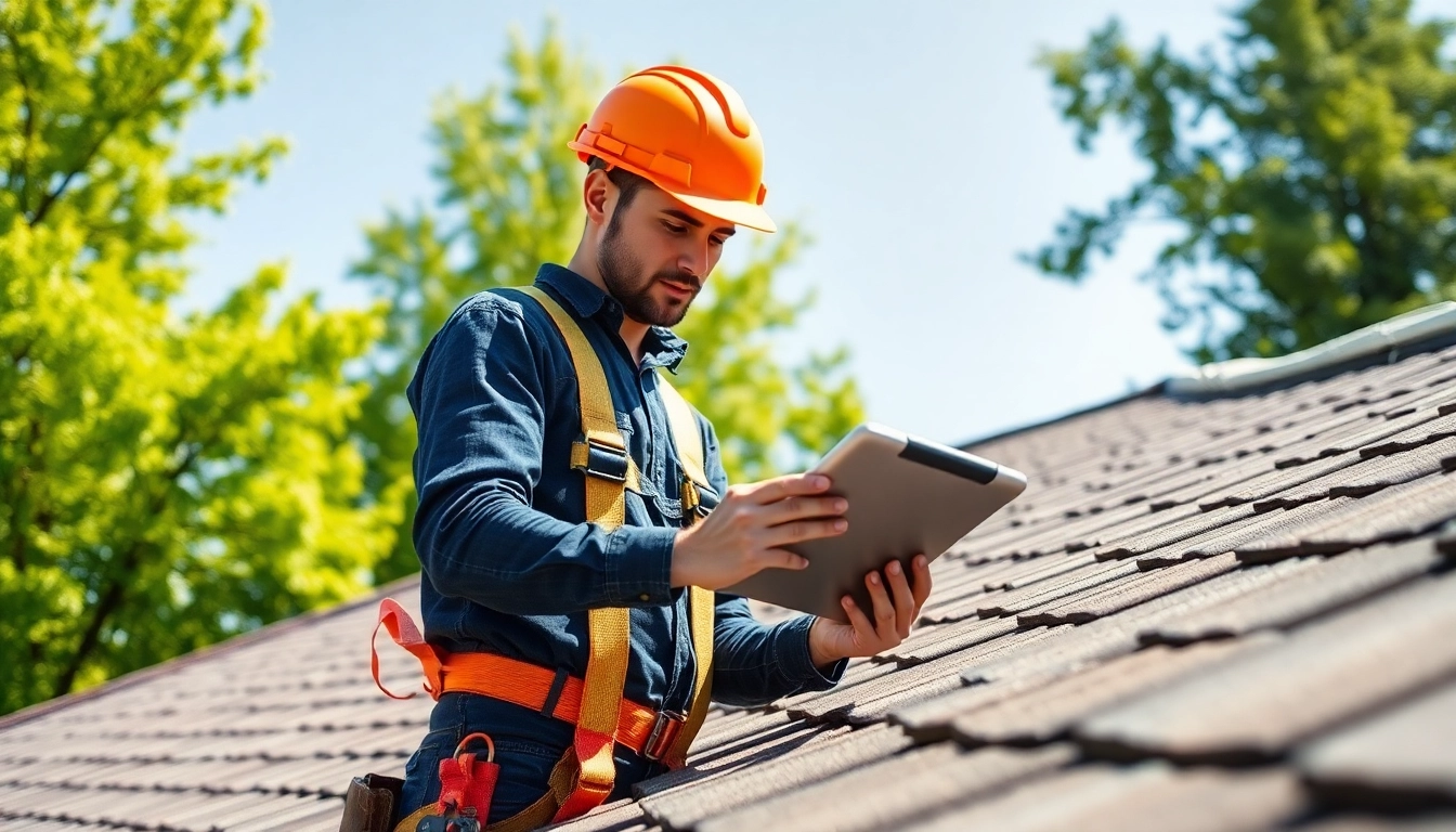 Inspecting roofing in Vancouver WA by a professional contractor with a digital tablet.