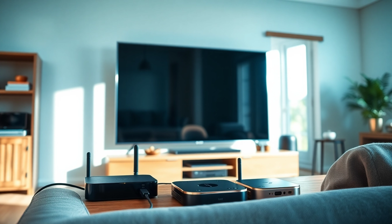 Comprar IPTV en un entorno moderno con múltiples dispositivos de streaming conectados a un televisor de pantalla grande.